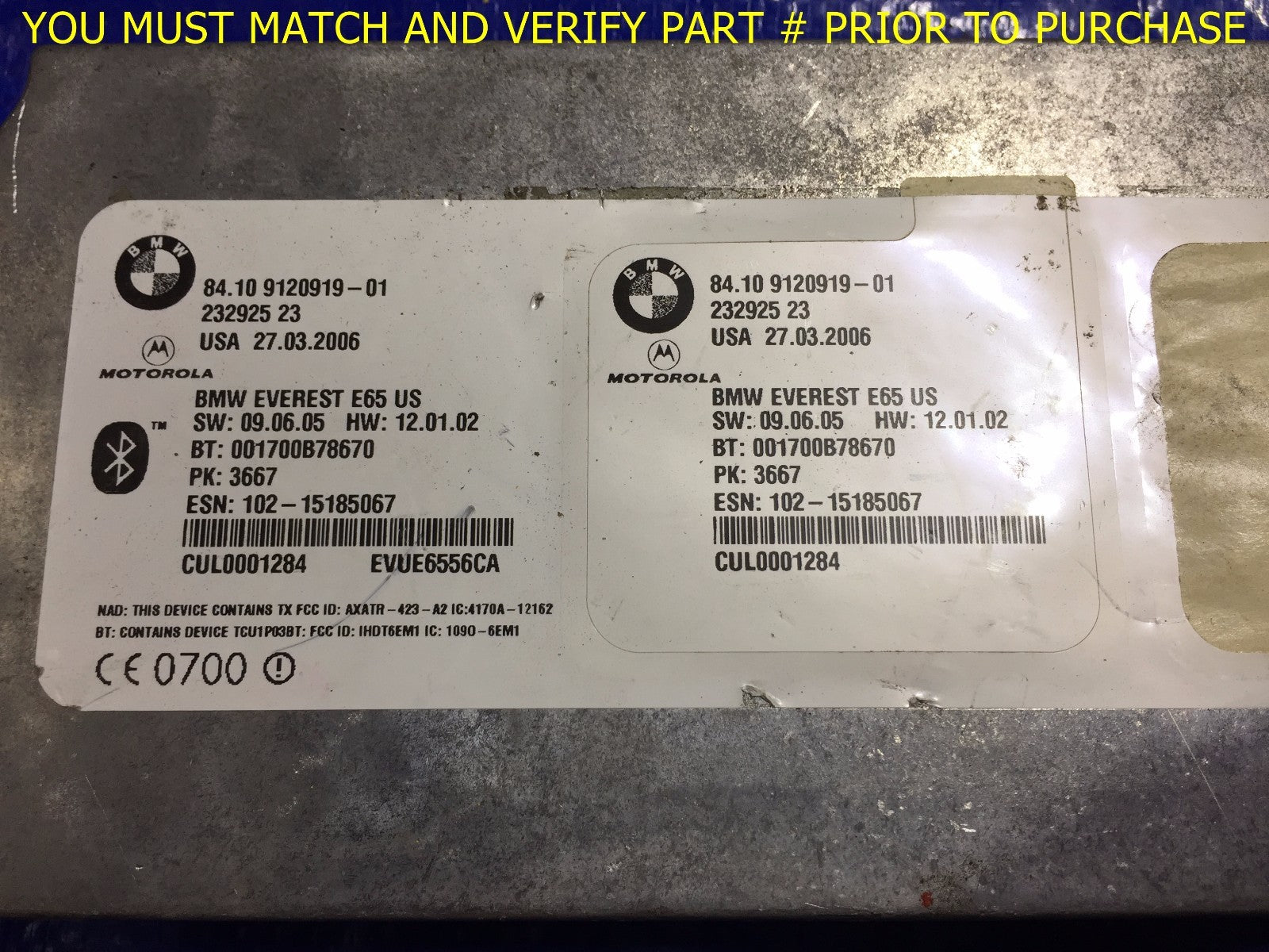 OEM 2006   2009 BMW 7 SERIES MOTOROLA TELEMATIC CONTROL MODULE 84109120919 011