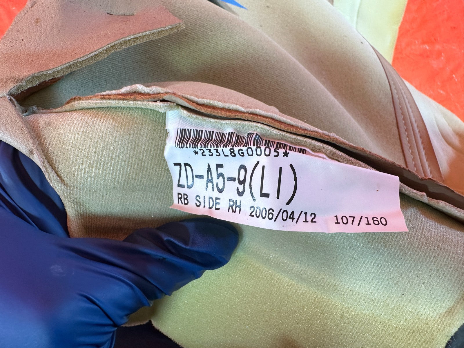 04 08 ACURA TSX   PASSENGER RIGHT REAR OUTER SEAT SKIN WRAP TAN OEM 3043