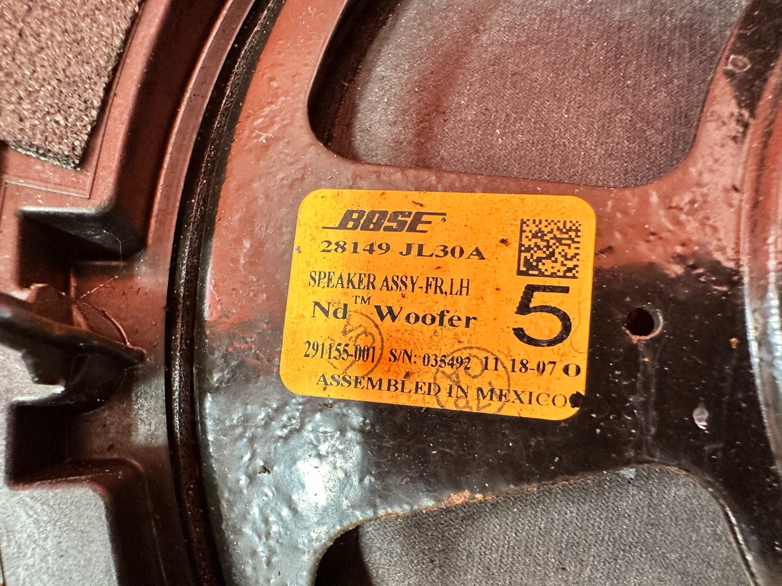08 15 INFINITI G37 Q60 COUPE  DRIVER LEF T DOOR   BOSE SPEAKER   OEM #3207